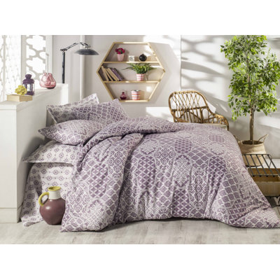 Kruetzen Purple/White Reinforced Cotton 140 TC Duvet Cover Set