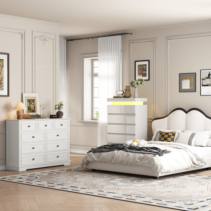 Ensemble de rangement vintage 2 pièces pour chambre à coucher avec commode haute à 6 tiroirs et commode à 9 tiroirs à éclairage DEL