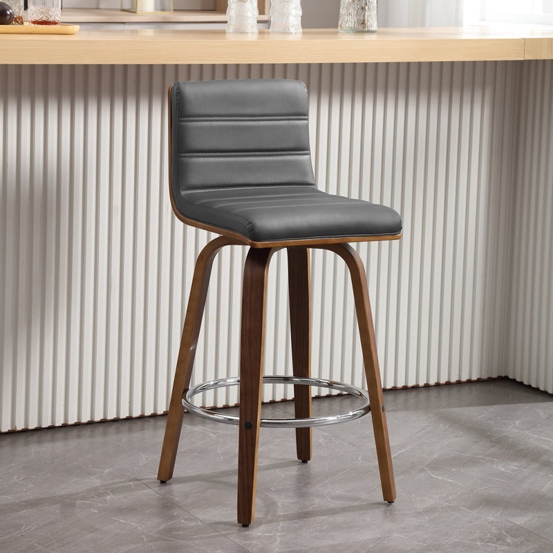 Tabouret pivotant rembourré Bomia avec structure en bois massif et dossier en similicuir en L, Gris