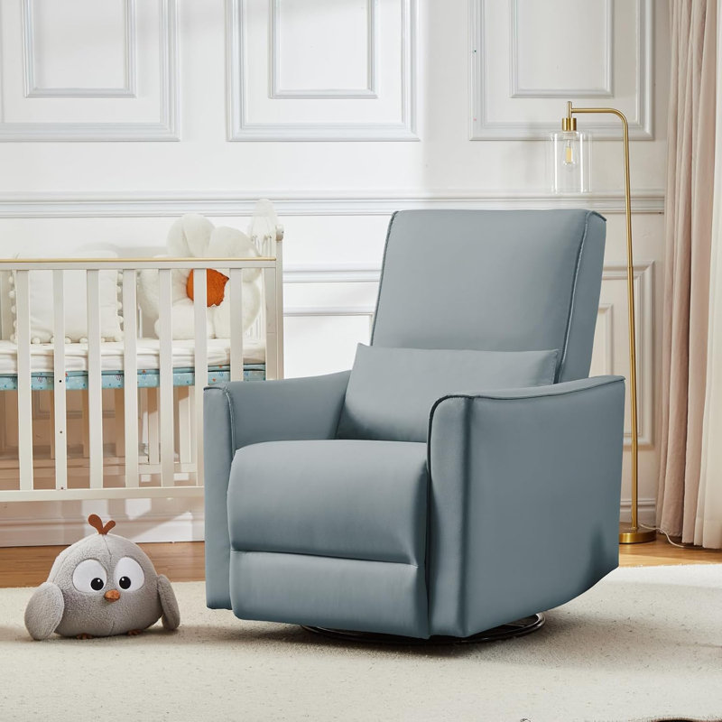 Manual Swivel Rocking Recliner Chair, PU Leather High Back Sofa for Living Room, Grey, Gray