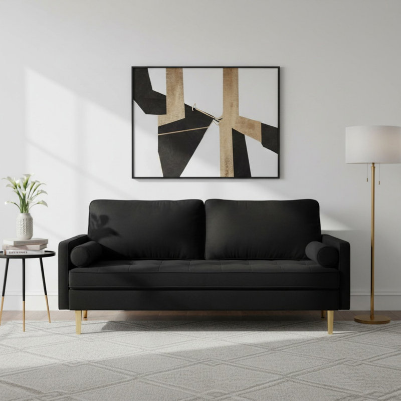 Canapé et causeuse en velours moderne à accoudoirs carrés 66,92 po, Noir