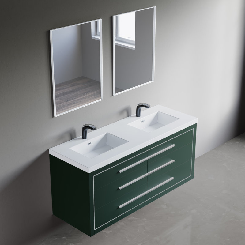 Meuble-lavabo mural double 61 po avec surface solide 61 po, Olive, Chrome