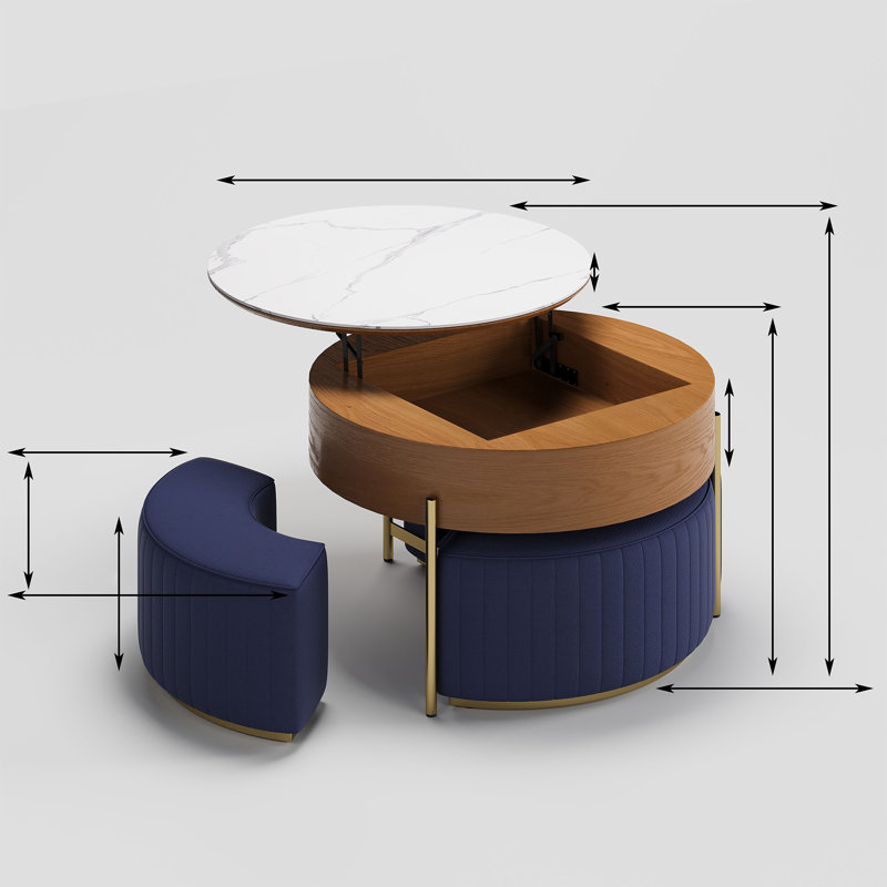 Lift Top Extendable 3 Storable Stools Sintered Stone Coffee Table with Storage, Blue