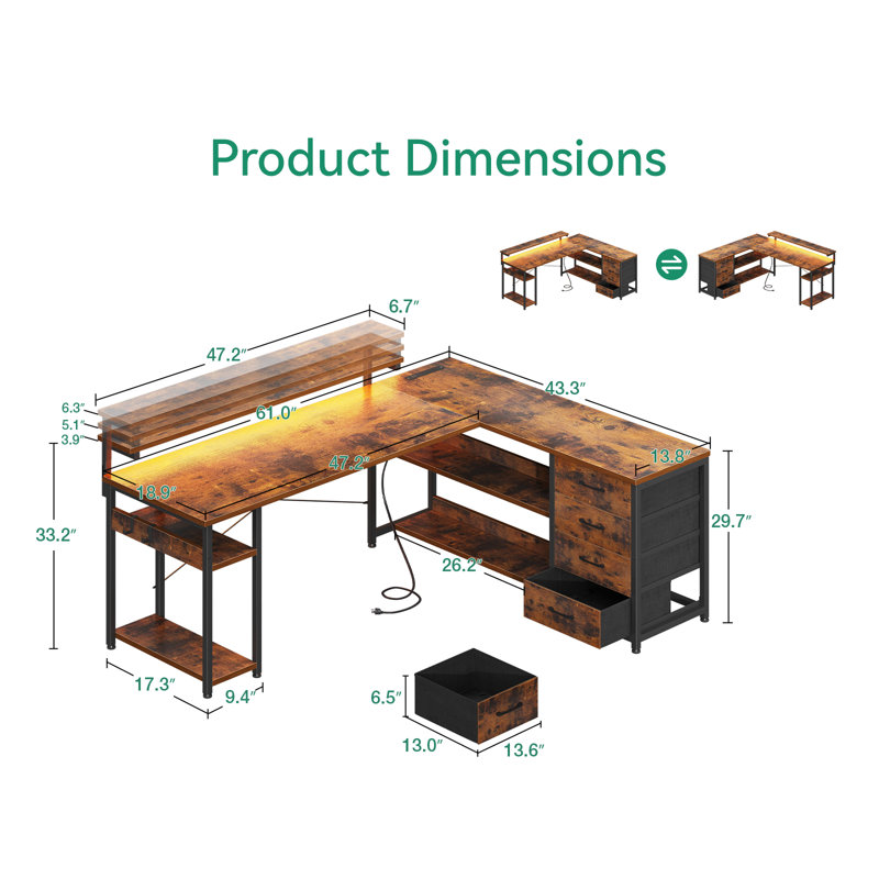 Lymon L-Shaped Metal Base Computer Desk with Power Outlet, Vintage Brown