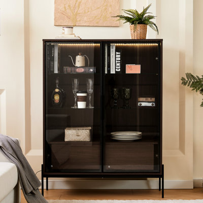 Led Lighted Showcase With Tempered Glass. Modern Minimalist For Home. Metal Legs, Material. 4 Adjustable Shelves, 2 Storage Drawers, Black + Dark Walnut Glass Display Unit Led. Study Room. .