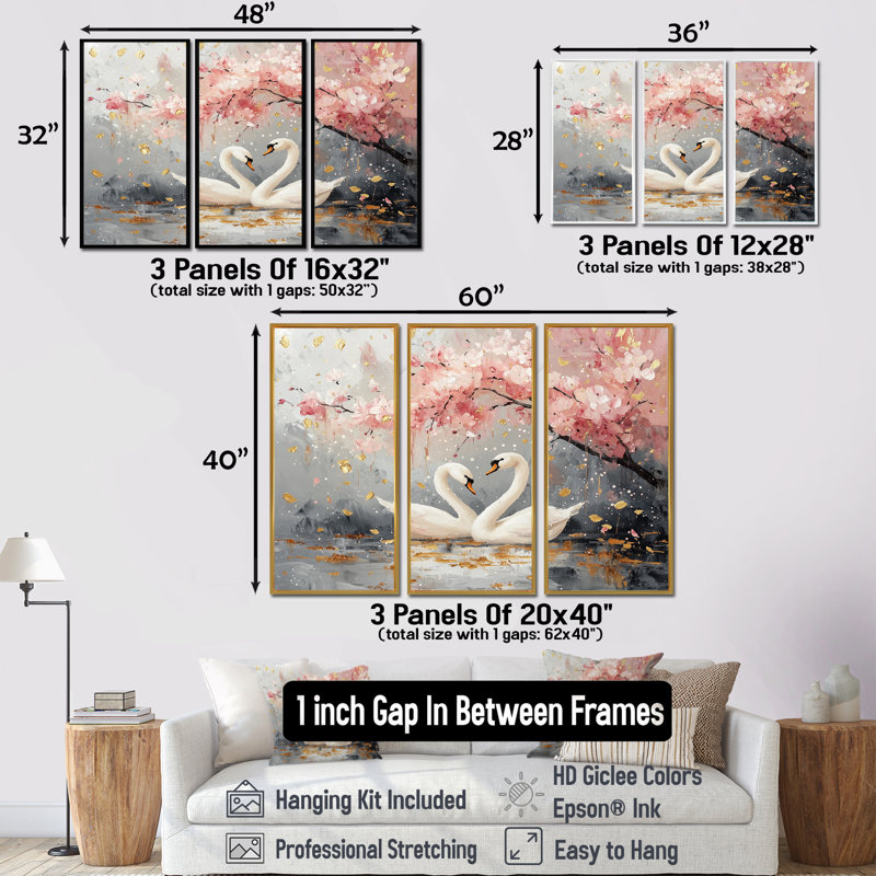 Ensemble de salon art mural cygne rose et or Love Under Cherry Blossom II, H 28 po x l 36 po x P 1 po