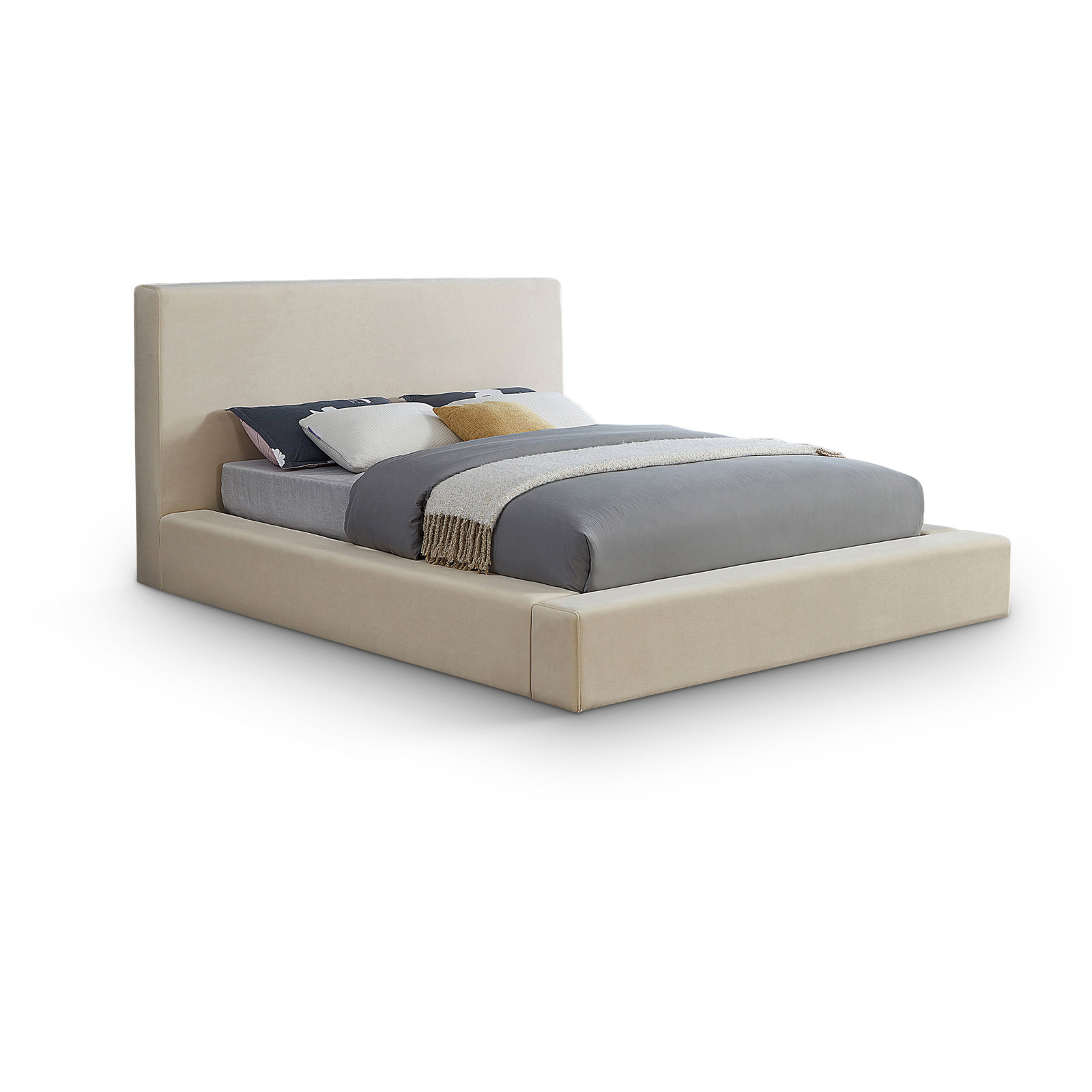 Ishia Upholstered Platform Bed, King, Cream Velvet