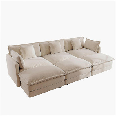 Canapé modulaire confortable en U à 3 places avec 3 repose-pieds, 3 coussins décoratifs et 2 coussins, chenille café clair