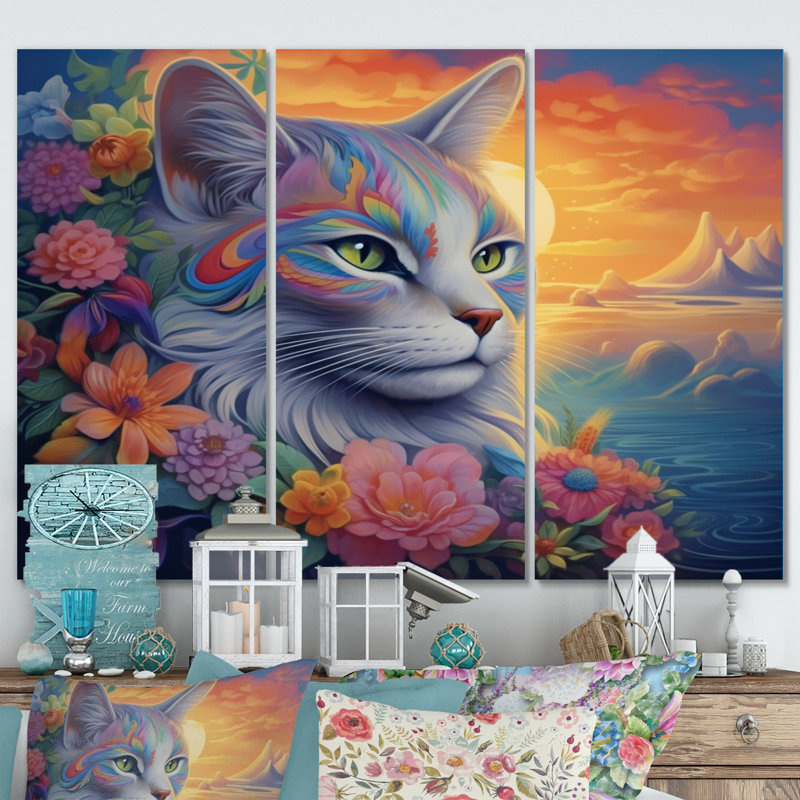 Portrait d'un chat gracieux avec fleurs III - animaux, ensemble de reproductions d'art mural, H 40 po x l 60 po x P 1 po