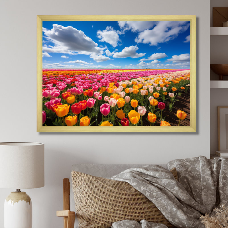 Champ de tulipes colorées I - art mural tulipe, Cadre doré à coins fermés, H 16 po x l 32 po x P 1 po