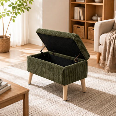 Repose-pieds en velours côtelé vert olive de 32 pouces avec pieds en bois massif et plateau rabattable pour le rangement. Convient pour une utilisation comme tabouret ou banc à chaussures dans les chambres à coucher, les salons ou les entrées.