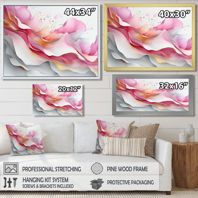 Fondations fluides de Rosa IV - art mural abstrait en marbre, H 28 po x l 60 po, Impression encadrée flottante, Doré