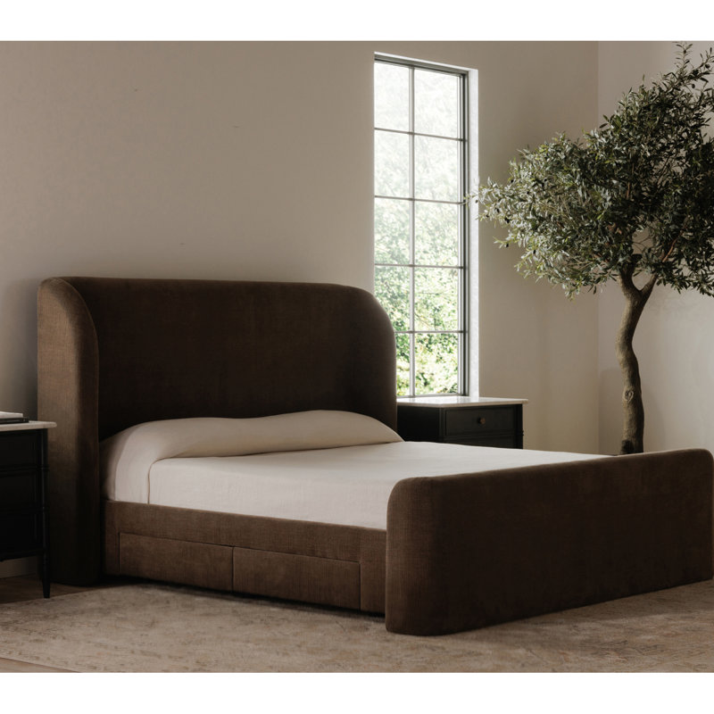 SOPHIA Upholstered Wingback Storage Bed, Dark Brown, King