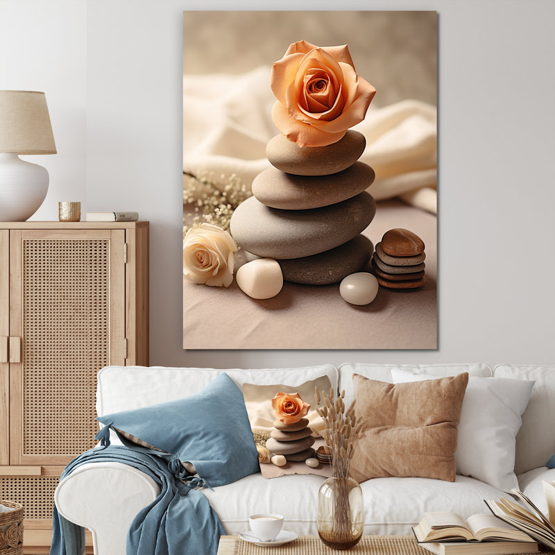 «Pink Rose on Zen Stone Cairn Sculpture», reproduction sur toile, Toile tendue, H 20 po x l 12 po x P 1 po