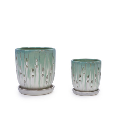 Handmade Green-White Gradient Ceramic Planter Set (7.48"×5.51" & 8.07"×6.1"), Indoor & Outdoor Flower Pots For Orchids, Succulents By Window, Breathable Holes & Lightweight
