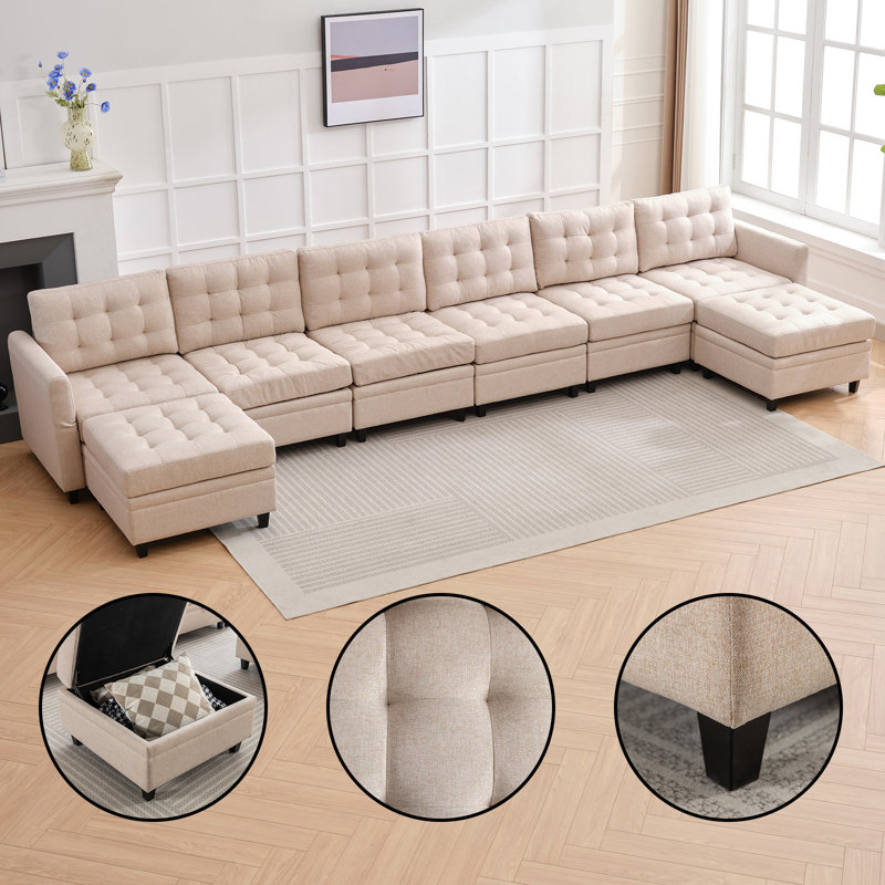 Balus Modular Sofa Bed Set, Button Tufted Reversible Modular Couch With 2 Storage Ottomans, 8 Seater Oversized U Shape Sleeper Sectional Couch Modular Sofa Couch For Living Room