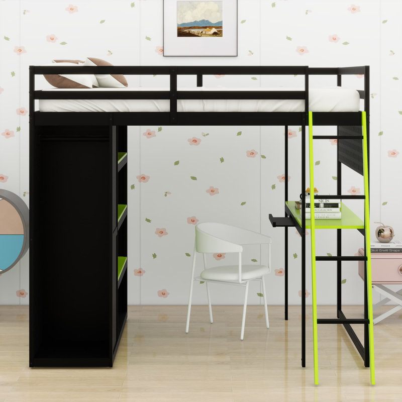 Lit mezzanine en bois, Noir/vert