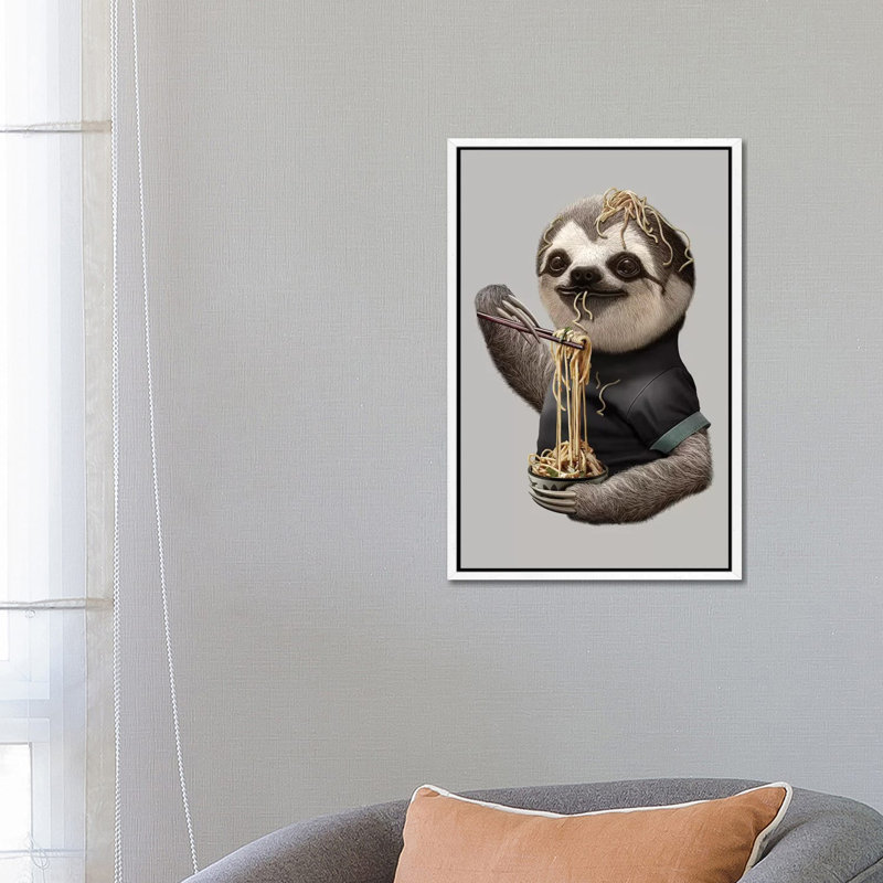 Sloth Eat Noodle by Adam Lawless - Print on Canvas, 66.04 cm H x 45.72 cm W, White Framed Canvas