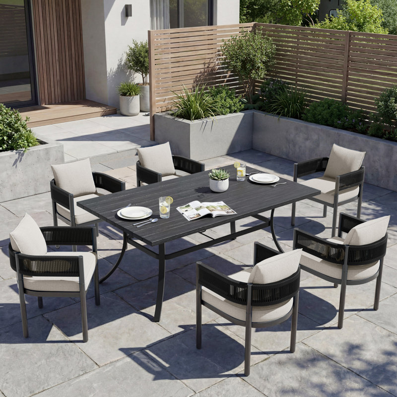 7-Piece Wicker Dining Set With Detachable All-Steel Frame Table, Beige Cushion/Black Frame