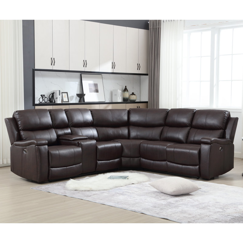 110" Wide Vegan Leather Power Reclining Sectional Sofa with Storage & Cup Holder, Umber Performance Faux Leather