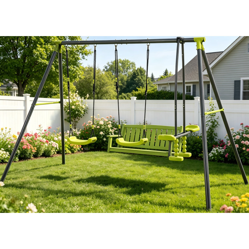 Ensemble de balançoire triple en métal pour aire de jeux extérieure, capacité de poids de 440 lb avec 3 sièges - noir et vert pour les enfants de 3 ans et plus