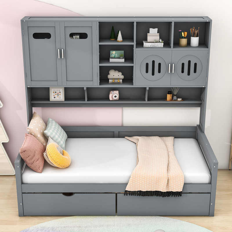 Wood Daybed with Built-In Storage Drawers, Cabinets and Shelves, Gray, Twin