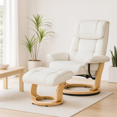 Beaucet 31.5" Wide Genuine Leather Swivel Recliner with Ottoman
