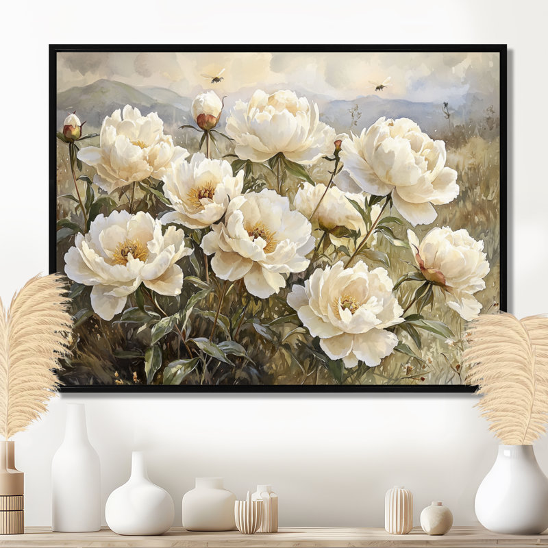 Pivoines près des ruches II - pivoines, art mural, H 12 po x l 20 po, Cadre flottant noir