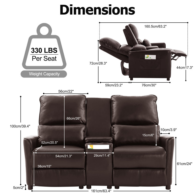 Manual Reclining Loveseat With Center Console, Cup Holders & Storage, Push-Back Recliner Sofa With Pillows For Living Room