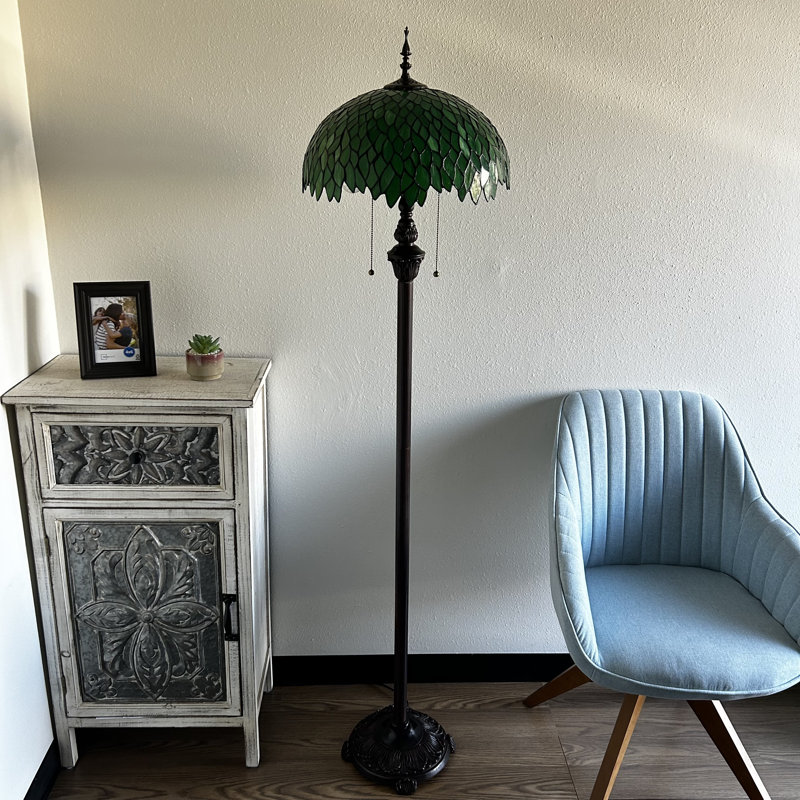 Simonson Tiffany Floor Lamp Stained Glass Green Leaves Metal Base LED Bulbs Included 16"W*16"D*64"H