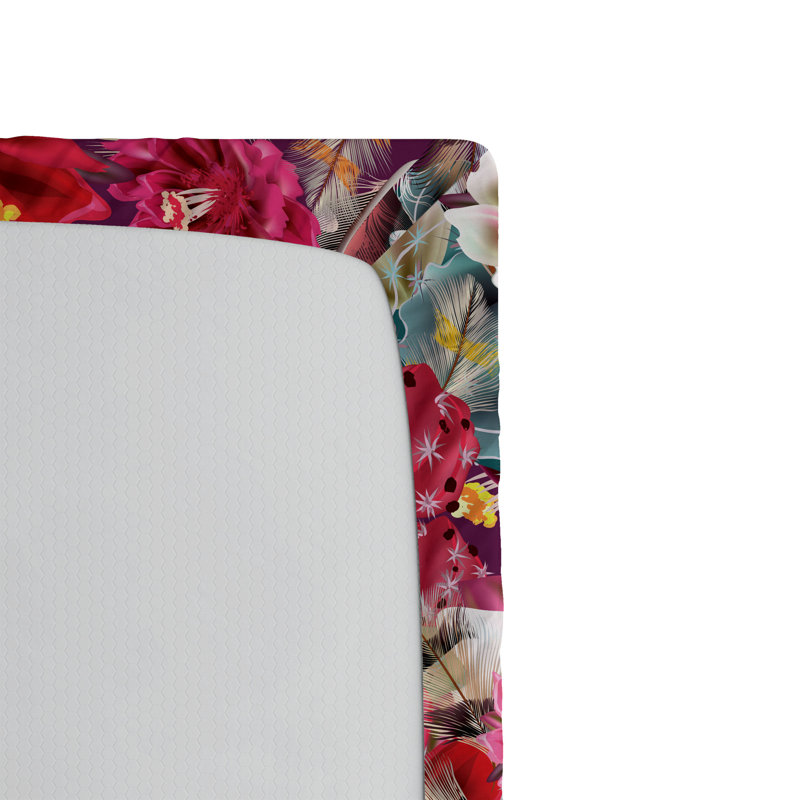 Drap-housse Ambesonne, Drap-housse pour lit simple TG, Corail foncé, vert laurier / floral 1