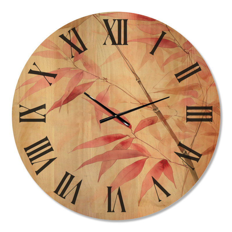 Horloge murale ronde botanique à motif de branche de bambou rose, imprimée sur bois, Très grand