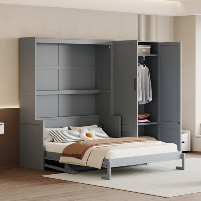 Queen Size Murphy Bed Wall Bed With Closet,Grey