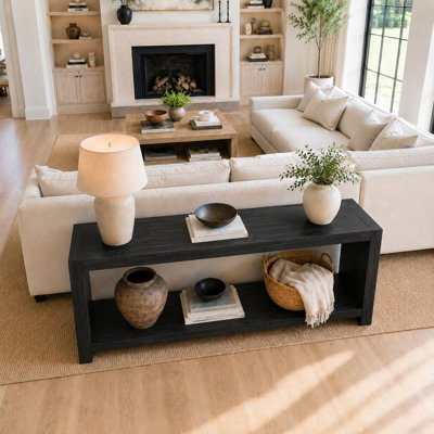 Console 63 pouces Farmhouse, table d'entrée rustique à 2 niveaux avec placage de bois, canapé long derrière le canapé, table de couloir étroite avec tablette de rangement ouverte pour le salon, noir