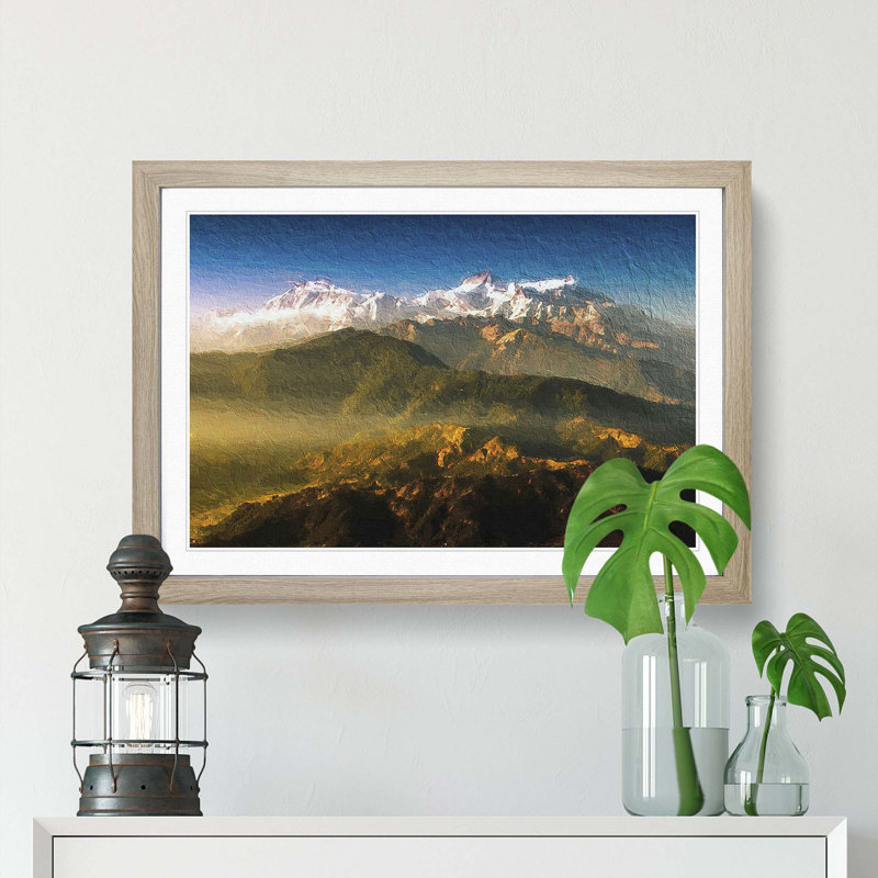 Sunlight Bathing the Mountains in Nepal - Picture Frame Painting Print on MDF, 27cm H x 36cm W x 2cm D, Oak Framed