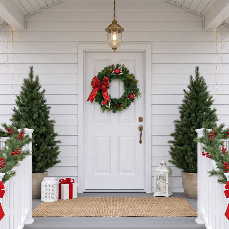 Couronne de Noël artificielle pré-éclairée 24 "avec nœud rouge, 20 lumières DEL, couronne de Noël luxueuse en PVC pour porte d'entrée, manteau de cheminée et décoration murale