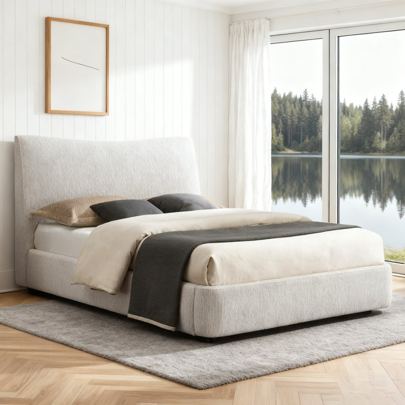 Lit plateforme élégant avec revêtement en chenille et structure en bois d'hévéa massif pour les chambres modernes, Grand lit