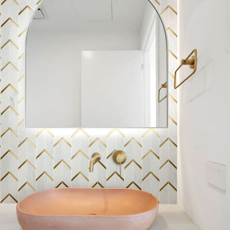 Natural Bianco 1" x 2" Herringbone / Chevron Mosaic Wall Tile, White/Gold