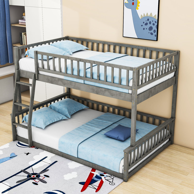 Katienne Bunk Bed With Ladder And Guardrails, Gray, Full XL Over Queen