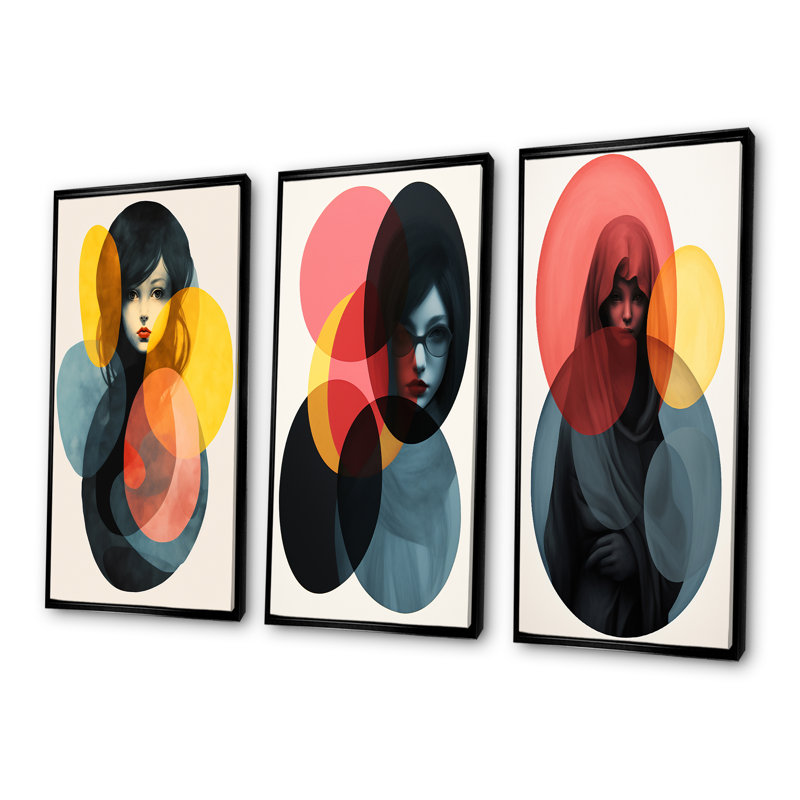 «Geometric Fusion Forms Woman Collage I», ensemble de 3 reproductions d'art sur toile, Cadre flottant noir, H 28 po x l 36 po