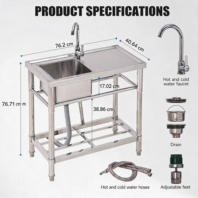 Stainless Steel Utility Sink, Free Standing Single Bowl Commercial Kitchen Sink with Faucet, Laundry Sink with Storage Shelve for Indoor & Outdoor