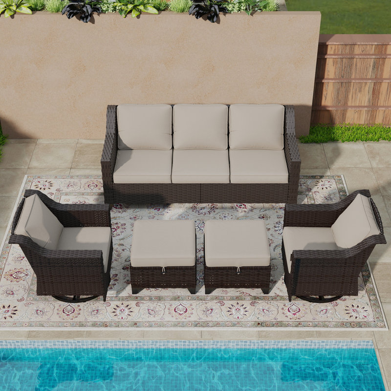 5-Piece Wicker Outdoor Conversation Set – Swivel Chairs & Storage Ottomans for Patio, Beige