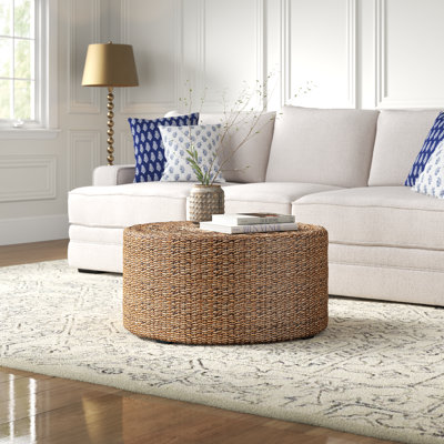 34.25" W Round Handwoven Abaca Drum Coffee Table