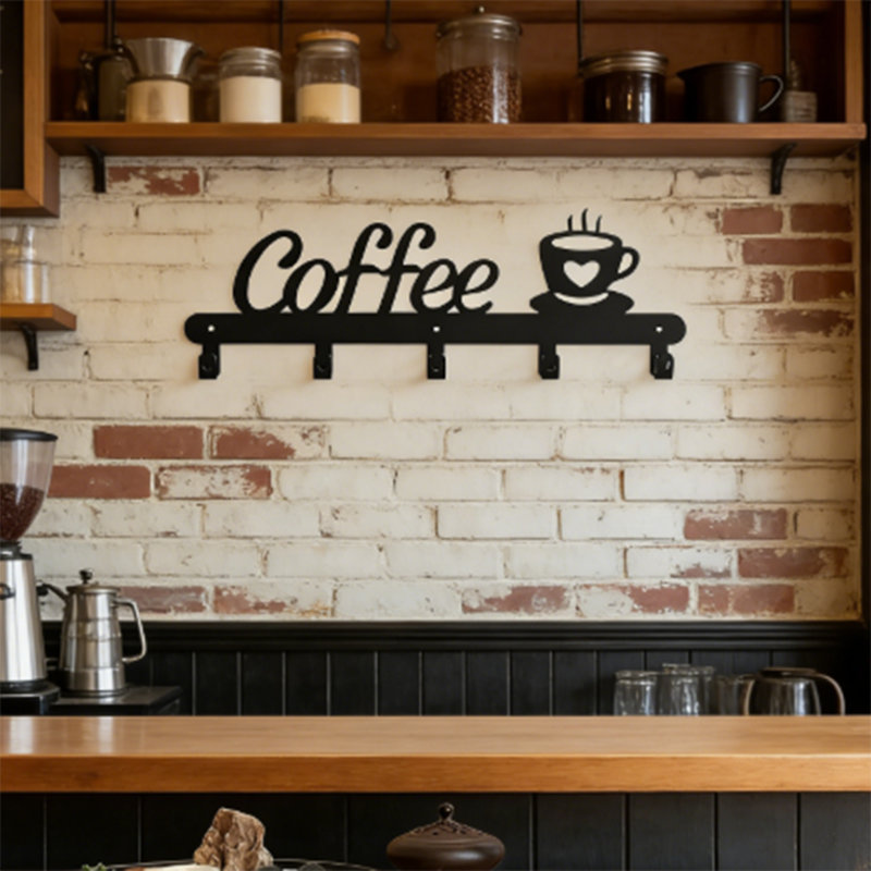 Black 16" Metal Wall Mounted Coffee Mug Rack - 5 Hook Wall Cup Organizer, Wall Mount Storage Holder For Kitchen & Dining, Decorative Mug Storage Wall Decor