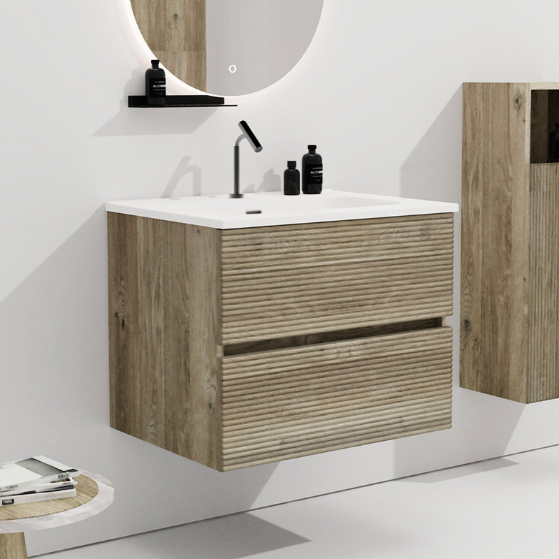 Meuble-lavabo mural de 61 cm (24 po) en chêne brut avec lavabo en céramique intégrée, grand espace de rangement suspendu pour salle de bain moderne, glissières à fermeture douce et silencieuse, 20 % d'espace de rangement supplémentaire, design élégant des poignées, panneaux E1 en plus