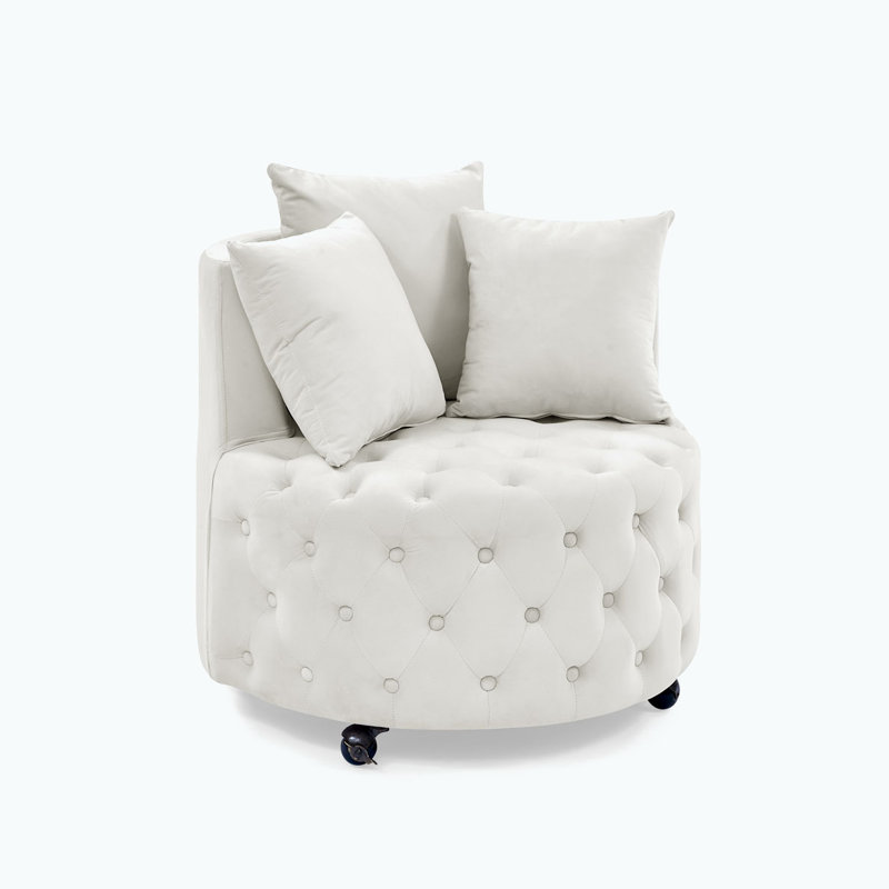 Button Tufted Velvet Upholstered Swivel Chair, Beige Velvet