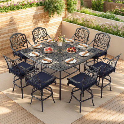 9-piece Outdoor High Patio Dining Set, Free-rust Cast Aluminum Patio Bar Table And Chairs Set With 8 Swivel Bar Stools & 63.98" Bar Height Dining Tabl by Canora Grey