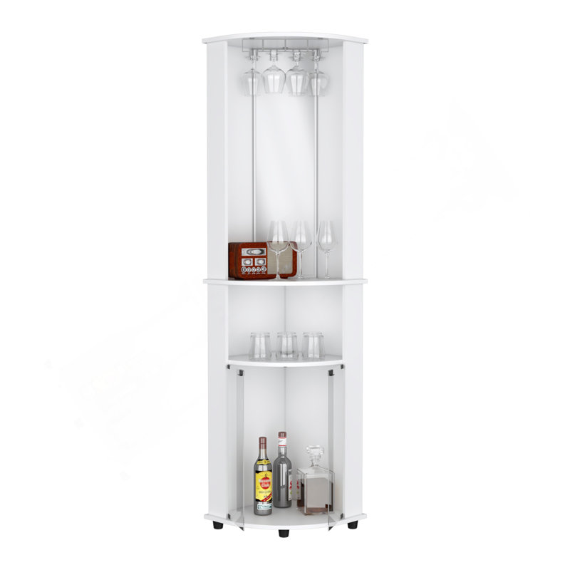 Chicago 75" H Mirrored Corner Bar Cabinet, With Glass Doors, Two Shelves And Stemware White