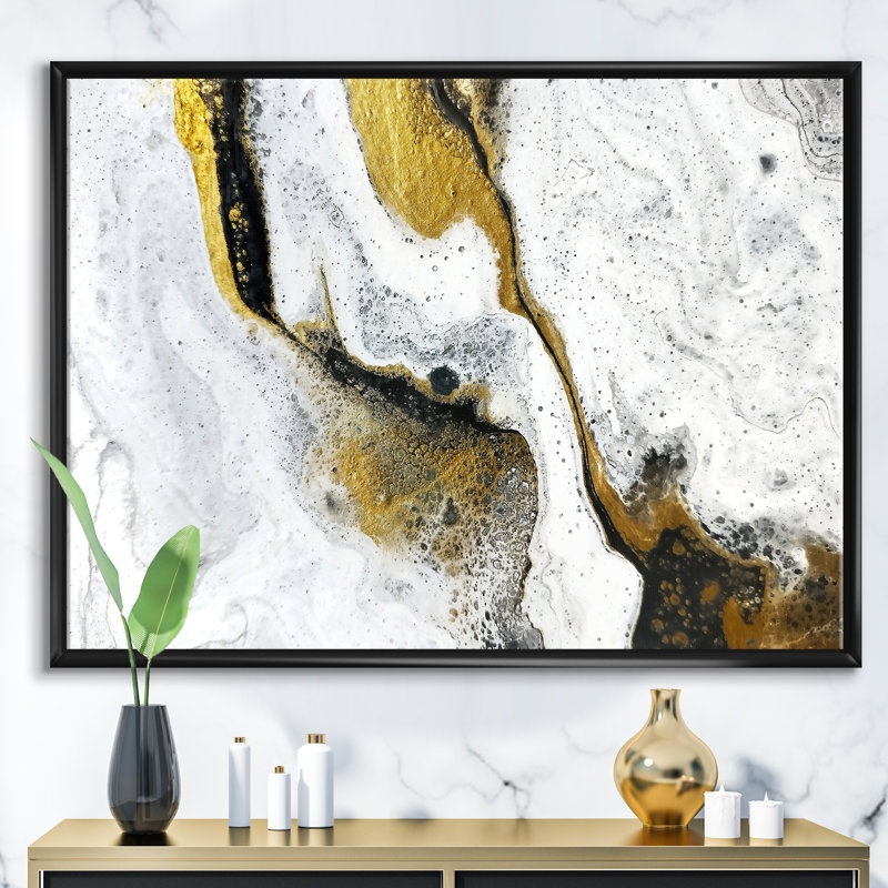 Or et noir sur marbre acrylique blanc - reproduction d'art sur toile, H 30 po x l 40 po x 1,5 po, Cadre flottant noir