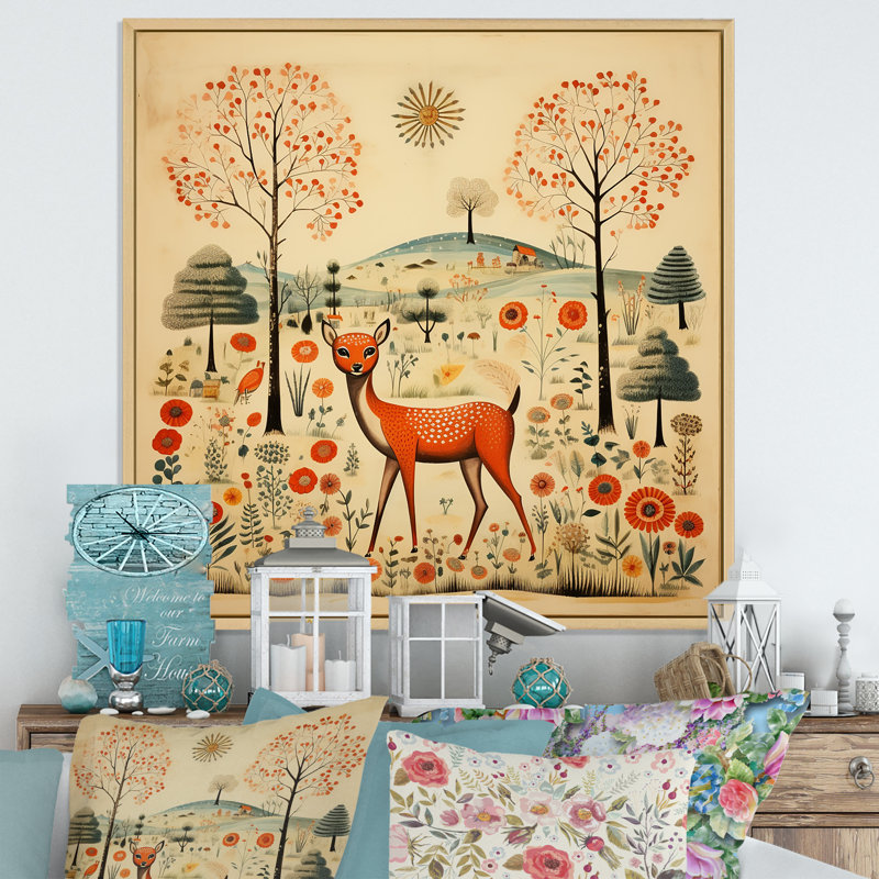 Motif de cerf rétro orange et vert - animal mural cerf, Cadre flottant brun, H 30 po x l 30 po x P 1,5 po